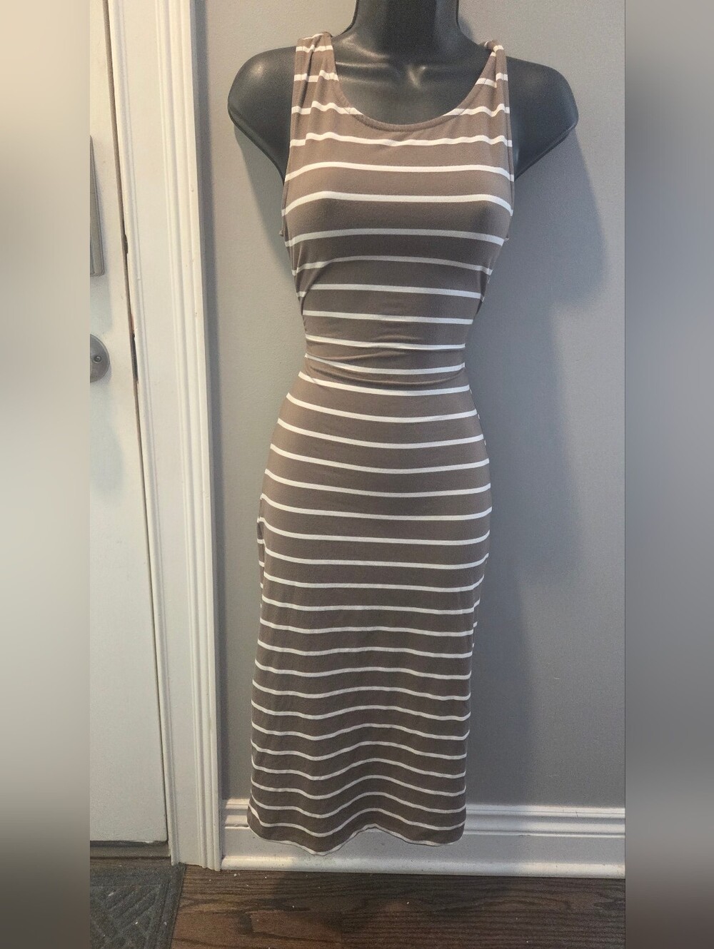 Capezio Taupe & White Striped Sleeveless Midi Dress